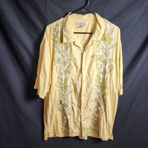Tommy Bahama Hawaiian Herringbone Silk Camp Shirt yellow Size XL floral vacation